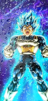 Vibrant anime character with energetic aura on dynamic blue background.