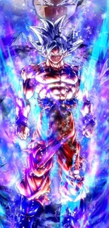 Anime character with vibrant energy aura in blue and purple hues.