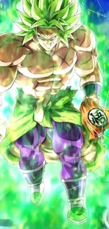 Anime warrior with green energy aura in dynamic pose.