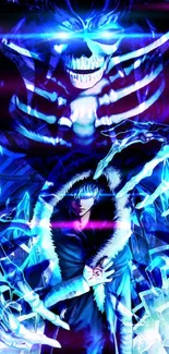 Vibrant anime wallpaper with electric blue hues and mystical skeleton figure.