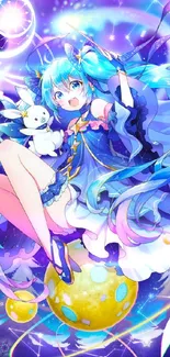 Anime girl with blue hair and celestial elements in fantasy art wallpaper.