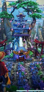 Vibrant anime fantasy scene with pagoda and lush nature.