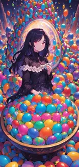 Anime girl surrounded by colorful eggs in a galactic setting.