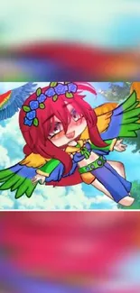 Vibrant anime character with parrots and colorful wings.