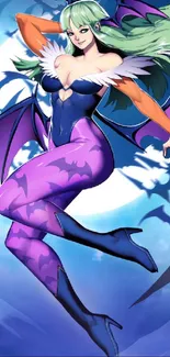 Anime fantasy character with purple and blue hues featuring bat wings.