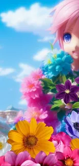 Anime character surrounded by vibrant flowers and dreamy castle backdrop.