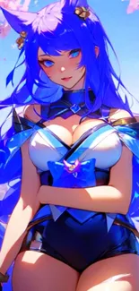 Anime character with blue hair and vibrant scenery in fantasy style.