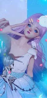 Anime character with purple hair in a vibrant fantasy setting.