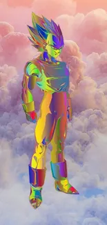 Vibrant anime figure floating amidst colorful clouds.