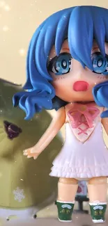 Vibrant anime figurine with blue hair and expressive eyes against an artistic backdrop.