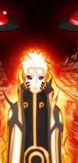 Fiery anime character with glowing effects on vibrant orange background.