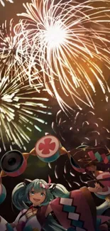 Anime character with fireworks display background for mobile wallpaper.