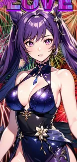 Anime character with purple hair, vibrant fireworks background.