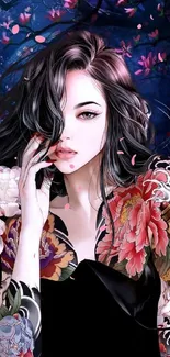 Anime woman with floral tattoos and dark blue background.