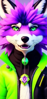 Anime fox with purple fur and neon green accents, posing stylishly.