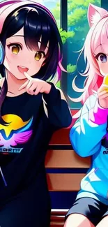 Two anime friends with colorful hair and headphones, enjoying a vibrant moment.