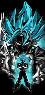 Anime fusion character with blue hair and energy aura on a black background.