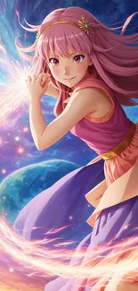 Anime girl with pink hair in a magical galaxy setting.