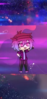 Anime character with purple hair in a vibrant galaxy background.