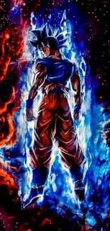 Anime character stands in vibrant cosmic galaxy with blue and orange hues.