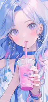 Anime girl with pastel hair sipping a drink, vibrant and colorful.