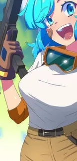 Vibrant anime girl with blue hair holding a weapon.