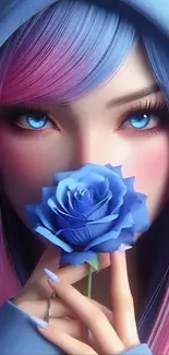 Anime girl with blue eyes and a vibrant blue rose.