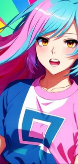 Colorful anime girl with vibrant pink and blue hair.