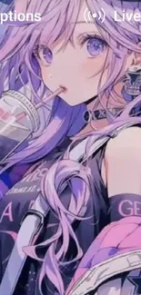 Anime girl with purple hair sipping a drink.