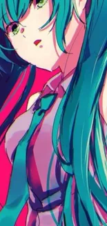 Vibrant anime girl with teal hair on a magenta background.