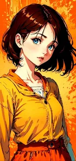 Vibrant anime girl with blue eyes on orange background.