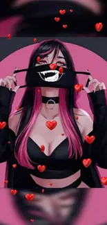 Anime girl with pink and black theme surrounded by floating hearts.