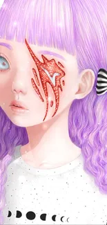 Anime girl with purple hair and striking facial feature.