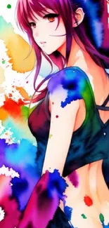 Vibrant anime girl with colorful paint splash effect on mobile wallpaper.