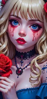 Anime girl with blue eyes and roses, artistic wallpaper.