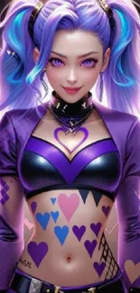 Anime girl with purple hair and hearts.