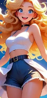 Vibrant anime girl with blonde hair in a playful scene.