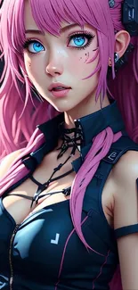 Anime girl with pink hair and striking details in digital art style.