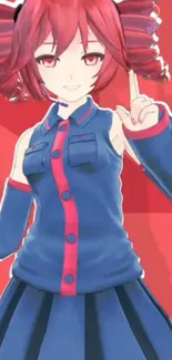 Anime girl with red hair and blue outfit on a colorful background.