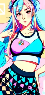 Vibrant anime girl wearing colorful fashion in artistic mobile wallpaper.