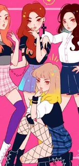 Anime girl squad in vibrant outfits with pink background.