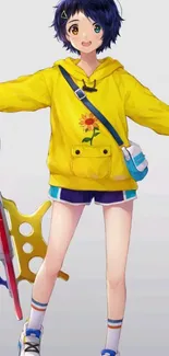 Anime girl in yellow hoodie with playful accessories.