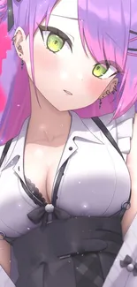 Bright anime girl with purple hair and green eyes on a vibrant pink background.