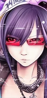 Anime girl with purple hair and red sunglasses on a colorful background.