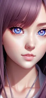 Anime girl with purple hair and captivating eyes.