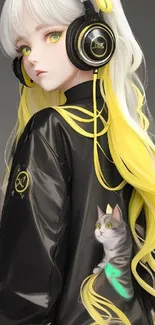 Anime girl with headphones and yellow hair in a stylish jacket.