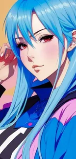 Anime girl with blue hair and vibrant outfit on a colorful background.