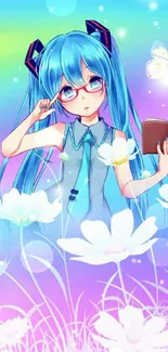 Vibrant anime girl with blue hair reading in a colorful, fantasy nature setting.