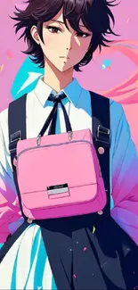 Anime style girl with pink purse and colorful background.