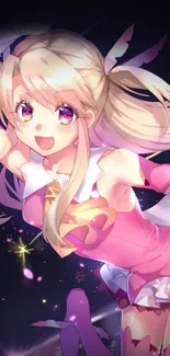 Anime girl in pink outfit with vibrant colors and dark background.